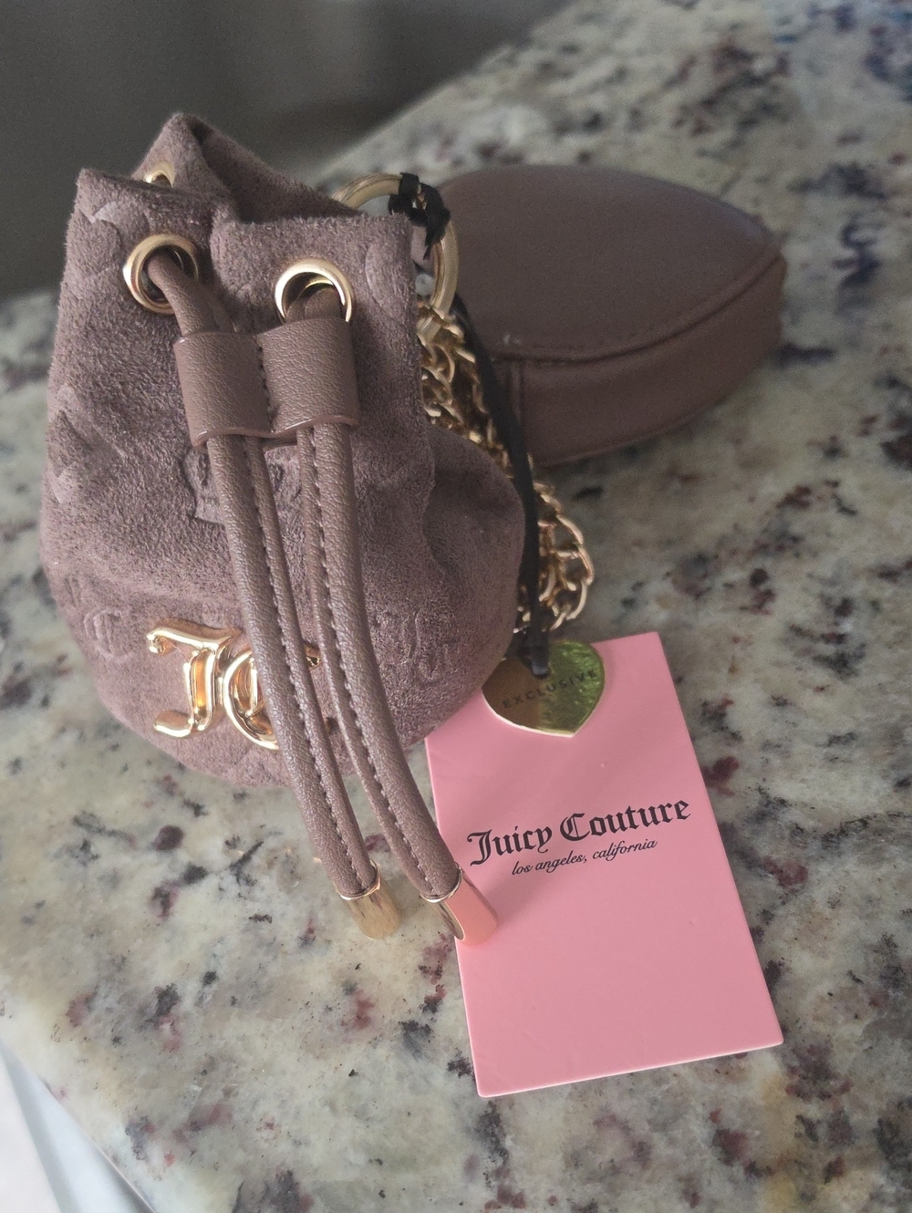 Juicy Couture Taupe Suede Mini Drawstring Bag with Gold Hardware
